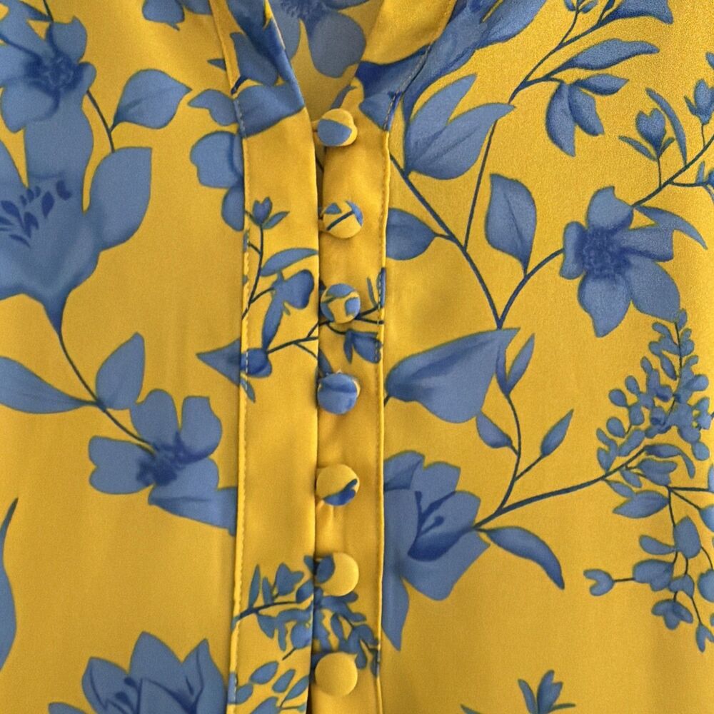 Cabi 5794 Lemon Drop Dress Size Large Yellow Blue Floral 3/4 Sleeves No Tie - Picture 3 of 7